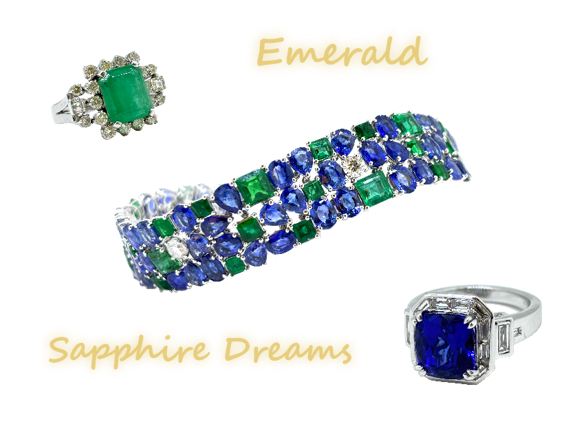 Custom designed emerald and Sapphire rings and bracelet with diamonds. Ideal gifts for that special someone.