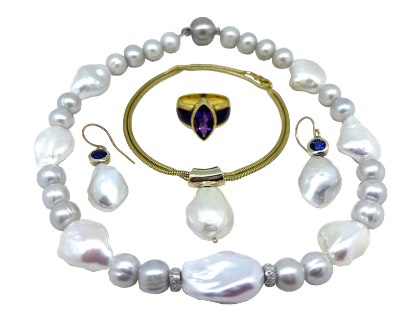 Custom designed pearl earrings and necklace with matching gold bracelet. Ideal gifts for that special someone.